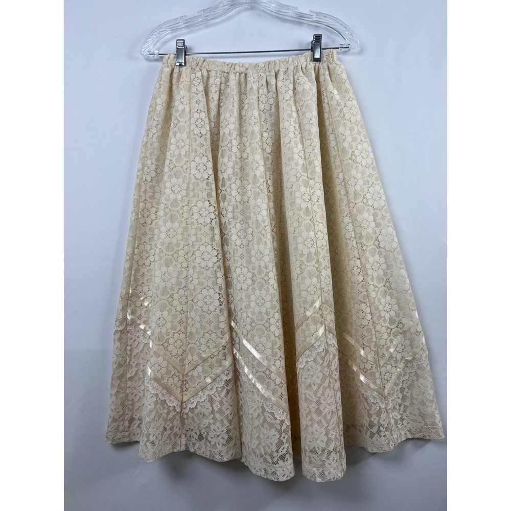 Vtg Carefree Fashions Skirt Top Set Women M Cream Lace Puff Sleeve Arizona USA - Picture 11 of 16
